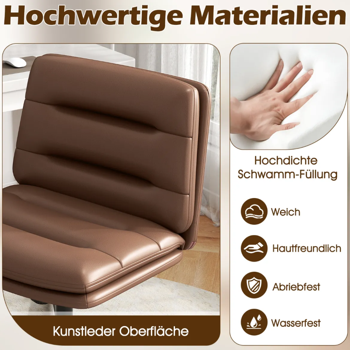 Schneidersitz Stuhl mit Dicker Polsterung Höhenverstellbarer Drehstuhl Bürostuhl Braun