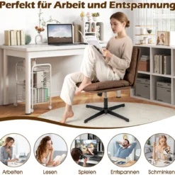 Schneidersitz Stuhl mit Dicker Polsterung Höhenverstellbarer Drehstuhl Bürostuhl Braun