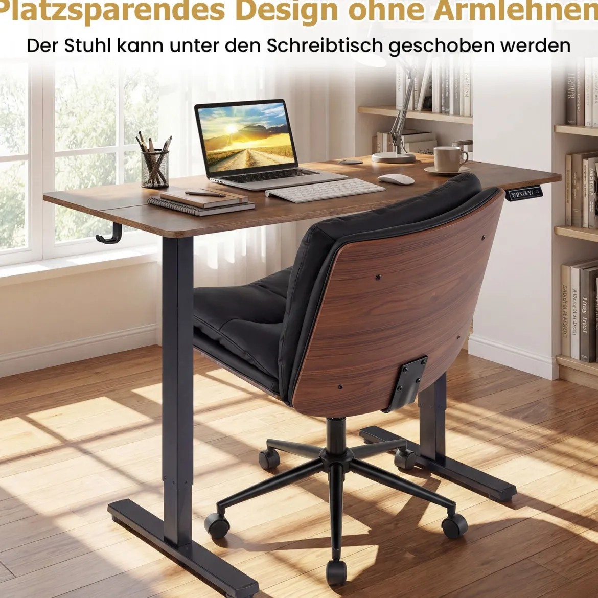 Schneidersitz Stuhl mit Rollen Gepolsterter Schreibtischstuhl ohne Armlehnen Drehstuhl Schwarz