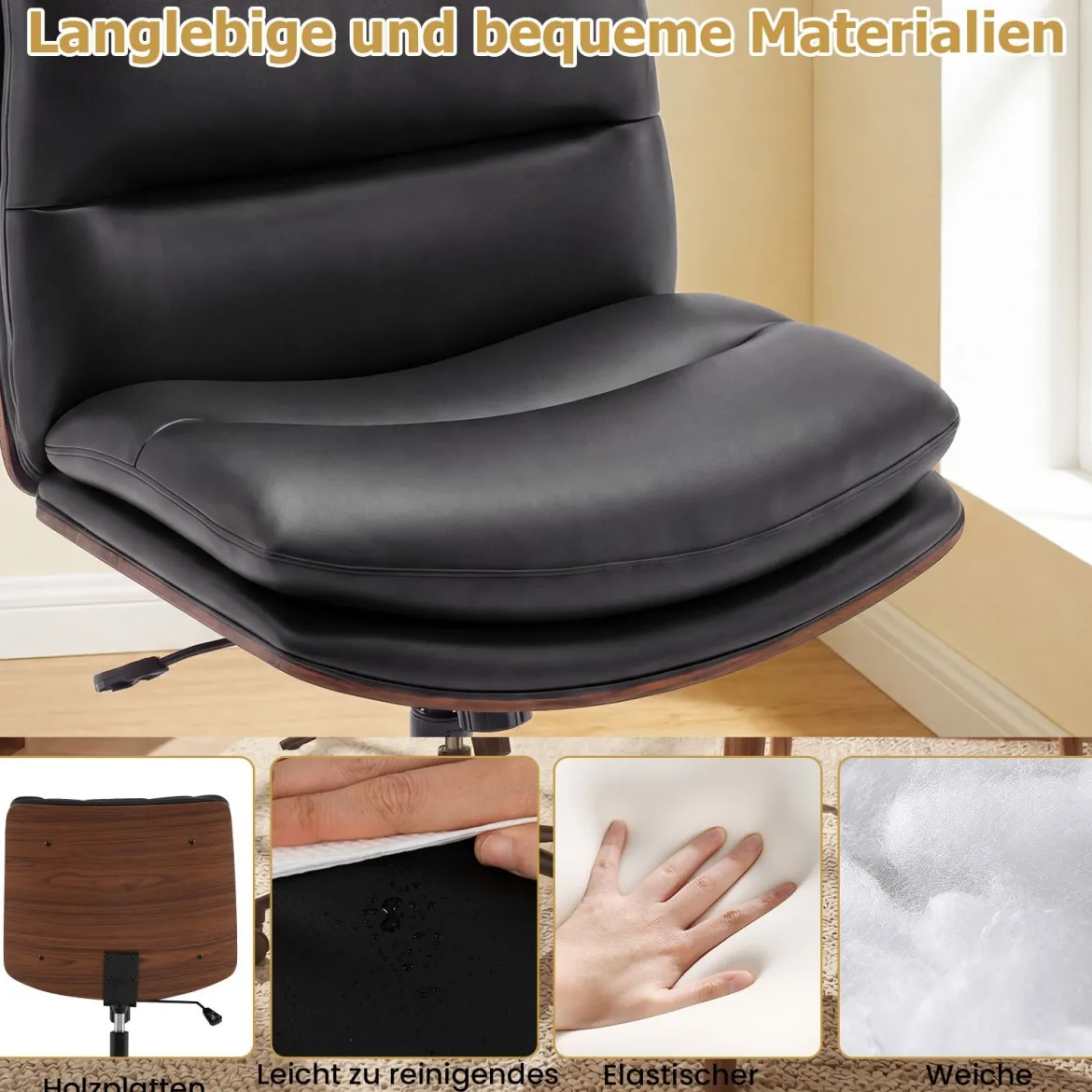 Schneidersitz Stuhl mit Rollen Gepolsterter Schreibtischstuhl ohne Armlehnen Drehstuhl Schwarz