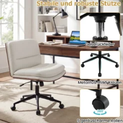 Schneidersitz Stuhl mit Rollen Gepolsterter Schreibtischstuhl ohne Armlehnen Drehstuhl Weiß