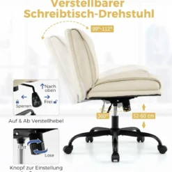 Schneidersitz Stuhl mit Rollen & Breiter Sitzfläche Schreibtischstuhl Bürostuhl Schminkstuhl Beige