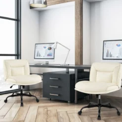 Schneidersitz Stuhl mit Rollen & Breiter Sitzfläche Schreibtischstuhl Bürostuhl Schminkstuhl Beige