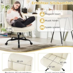 Schneidersitz Stuhl mit Rollen & Breiter Sitzfläche Schreibtischstuhl Bürostuhl Schminkstuhl Beige