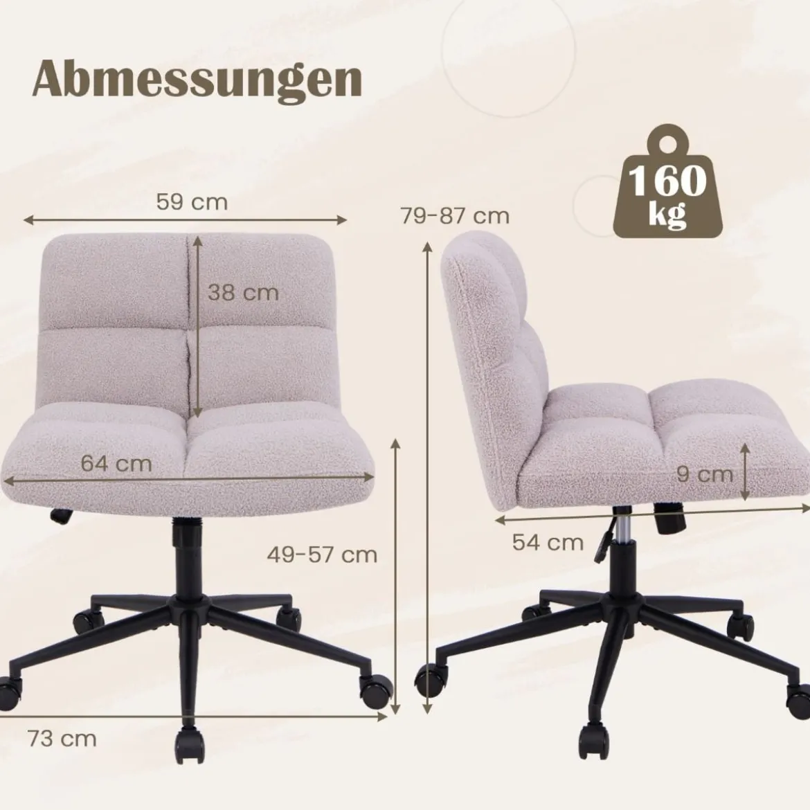 Schneidersitz Stuhl mit Rollen Drehstuhl ohne Armlehnen Schreibtischstuhl mit breiter Sitzfläche