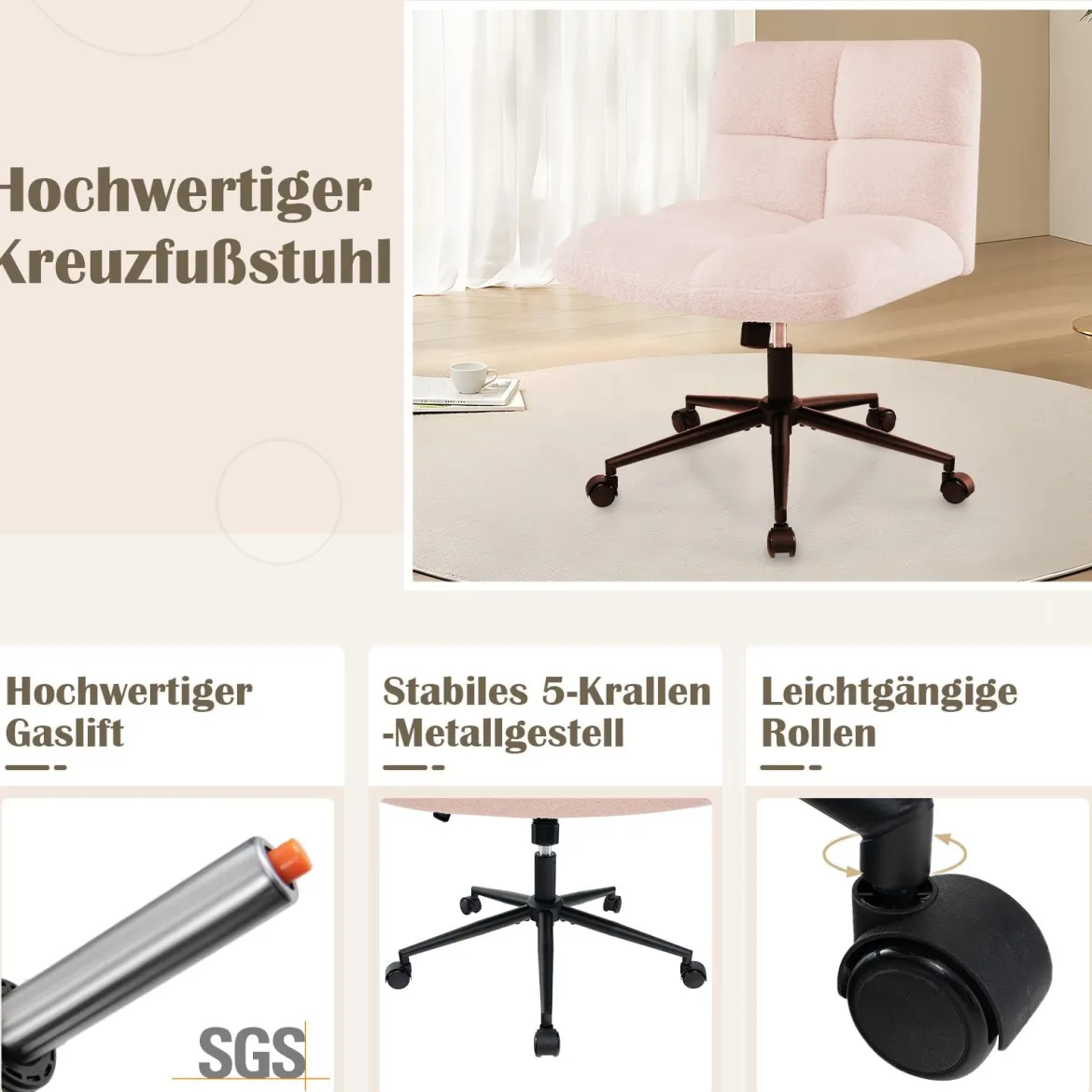 Schneidersitz Stuhl mit Rollen Drehstuhl ohne Armlehnen Schreibtischstuhl mit breiter Sitzfläche