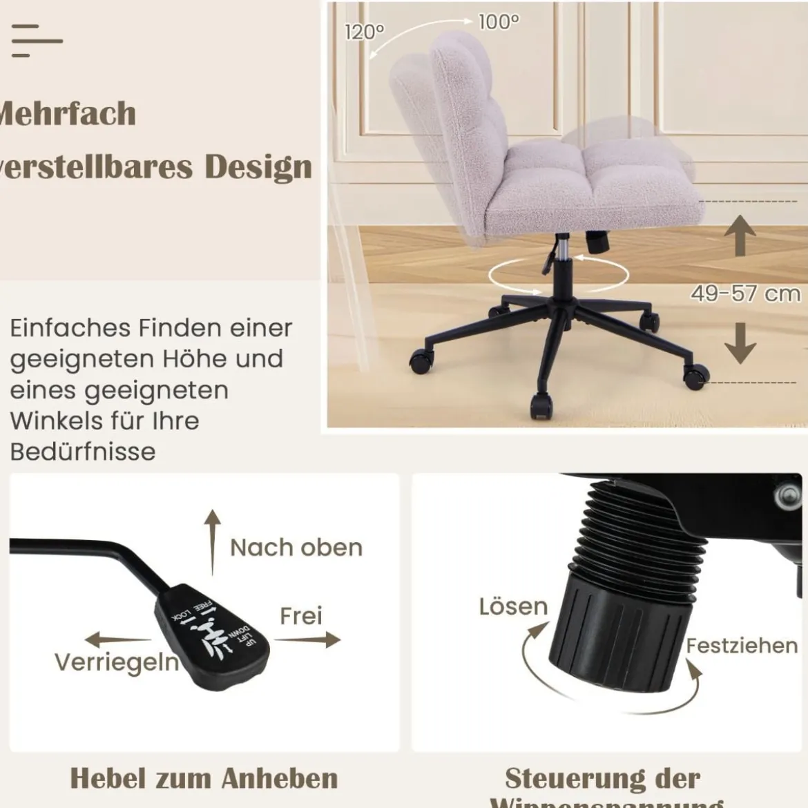 Schneidersitz Stuhl mit Rollen Drehstuhl ohne Armlehnen Schreibtischstuhl mit breiter Sitzfläche
