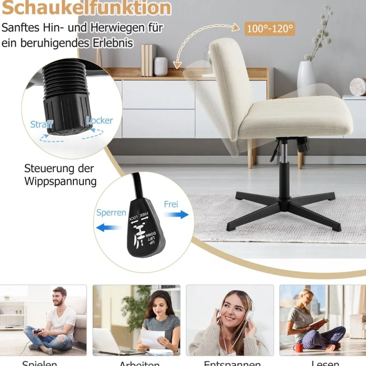Schneidersitz Stuhl ohne Armlehnen Drehstuhl mit breiter Sitzfläche Schreibtischstuhl