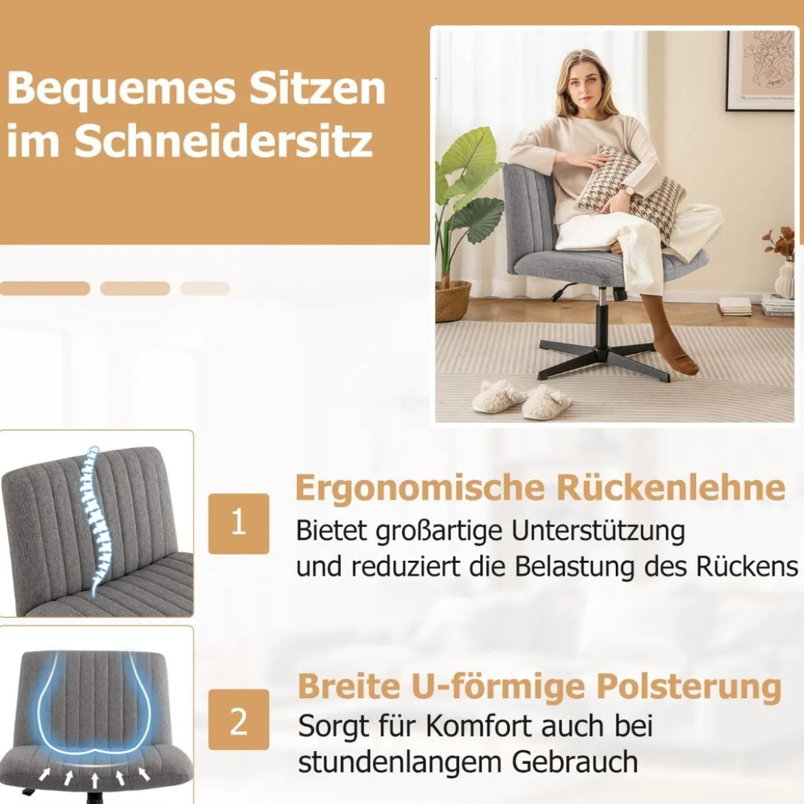 Schneidersitz Stuhl ohne Armlehnen Drehstuhl mit breiter Sitzfläche Schreibtischstuhl