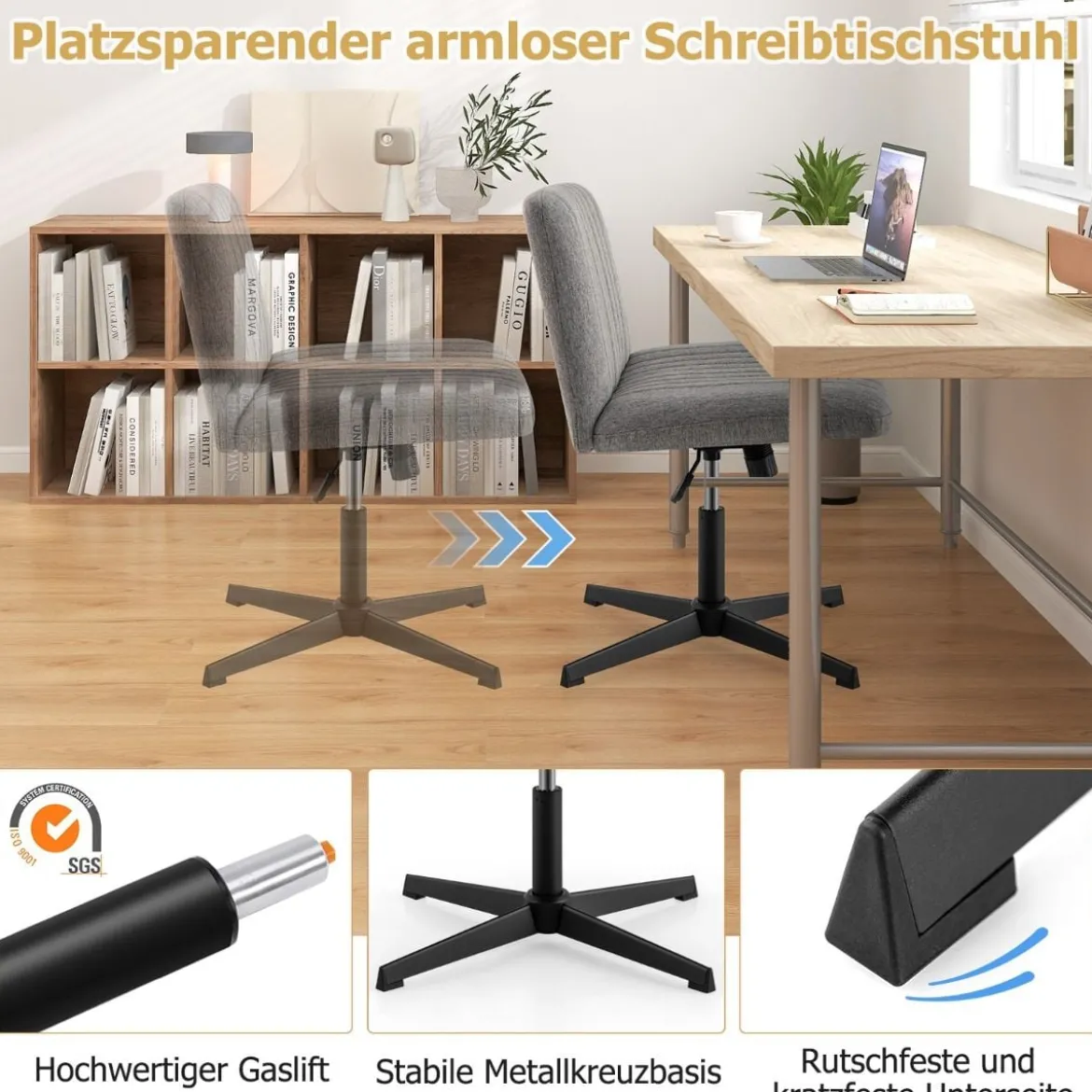 Schneidersitz Stuhl ohne Armlehnen Drehstuhl mit breiter Sitzfläche Schreibtischstuhl