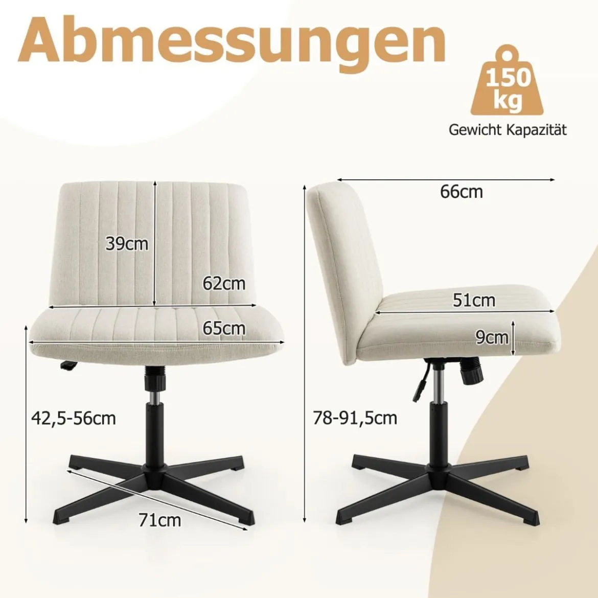 Schneidersitz Stuhl ohne Armlehnen Drehstuhl mit breiter Sitzfläche Schreibtischstuhl