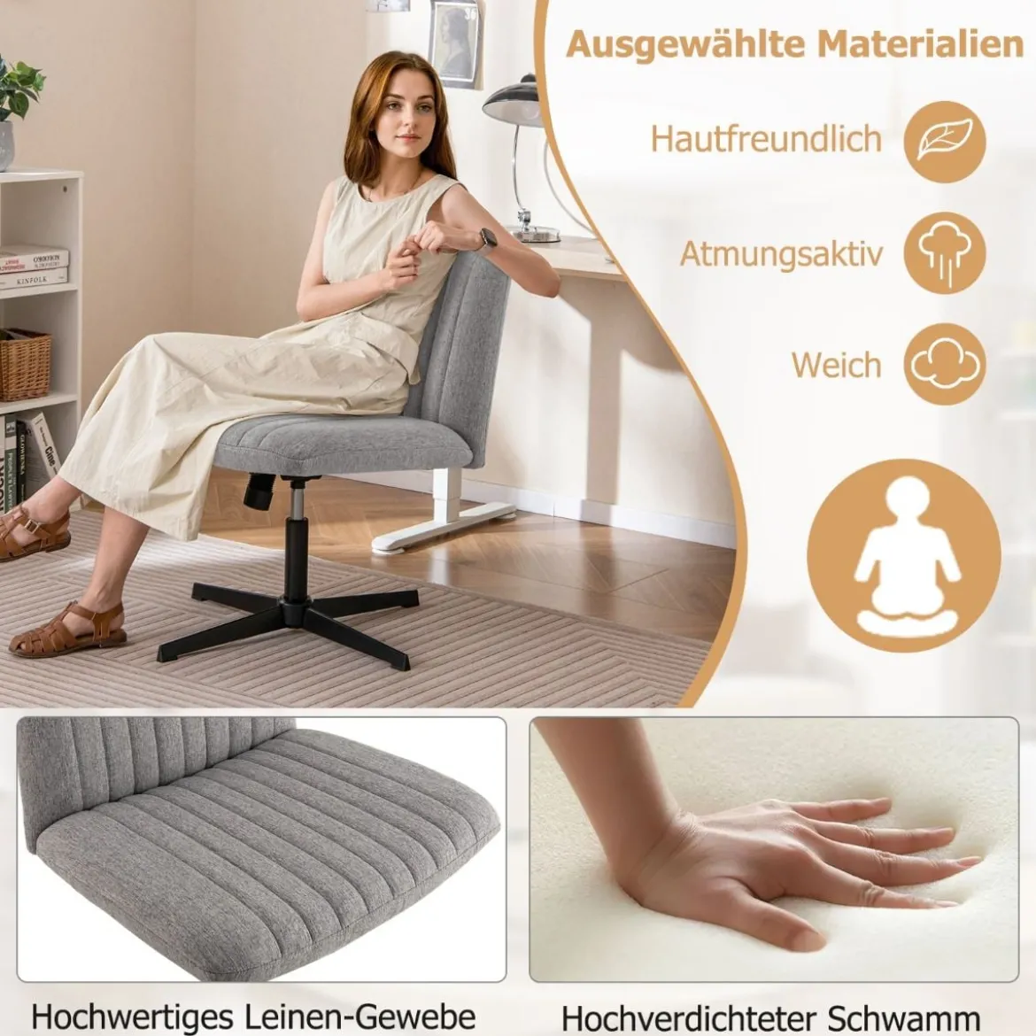 Schneidersitz Stuhl ohne Armlehnen Drehstuhl mit breiter Sitzfläche Schreibtischstuhl