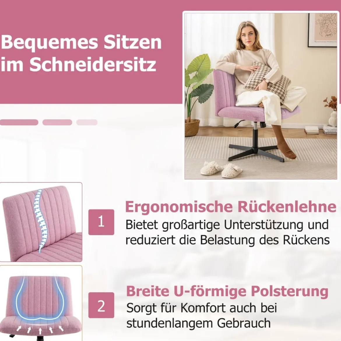 Schneidersitz Stuhl ohne Armlehnen Drehstuhl mit breiter Sitzfläche Schreibtischstuhl