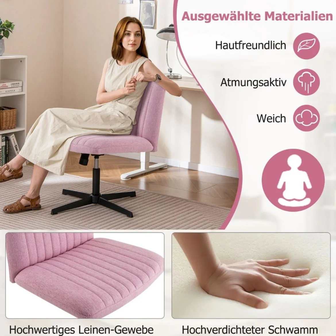 Schneidersitz Stuhl ohne Armlehnen Drehstuhl mit breiter Sitzfläche Schreibtischstuhl