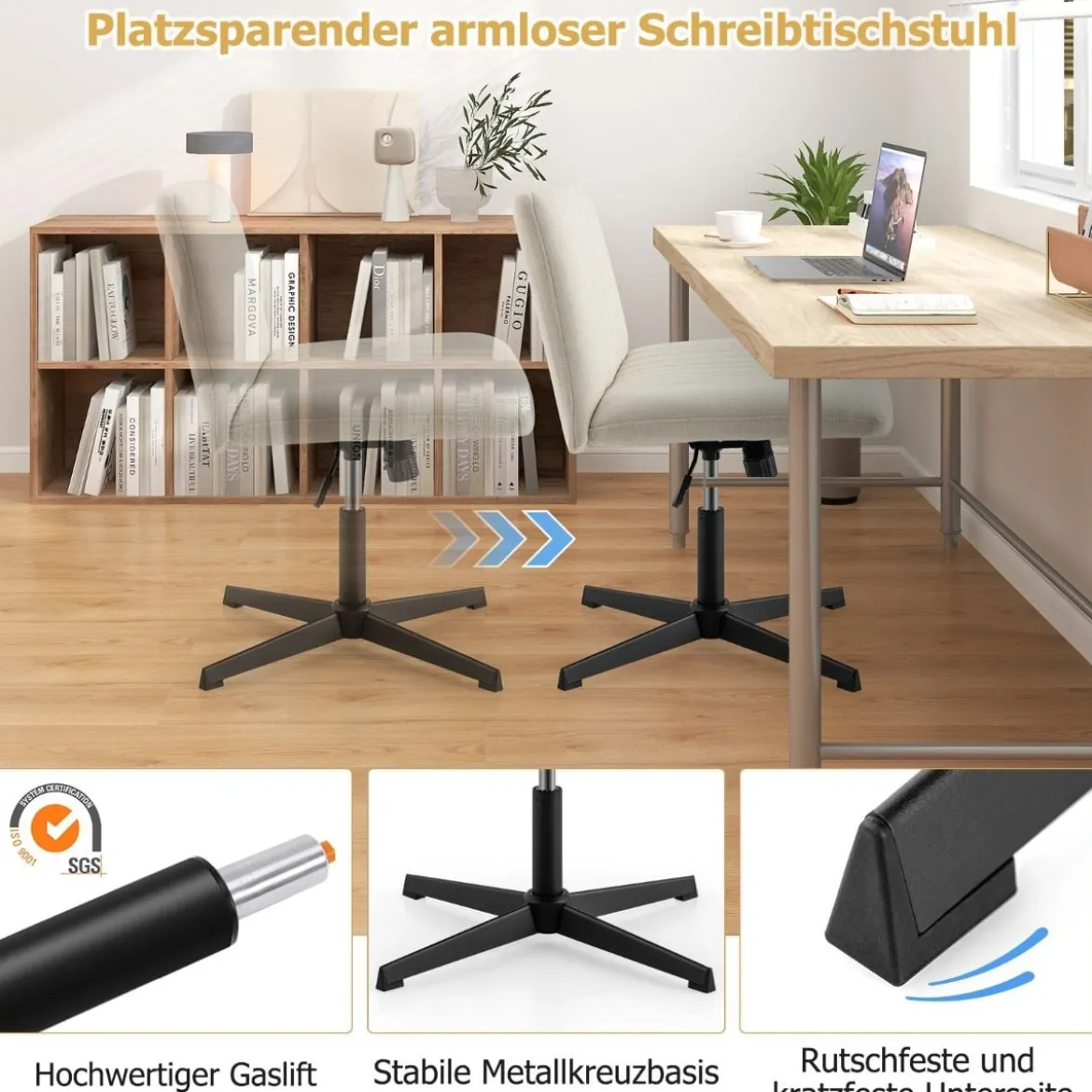 Schneidersitz Stuhl ohne Armlehnen Drehstuhl mit breiter Sitzfläche Schreibtischstuhl
