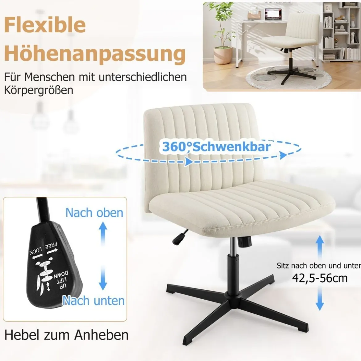 Schneidersitz Stuhl ohne Armlehnen Drehstuhl mit breiter Sitzfläche Schreibtischstuhl