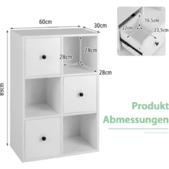 Schrank mit 6 Fächern Freistehendes Lagerregal mit 3 Würfeln 60 x 30 x 89 cm Weiß