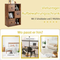 Schrank mit 6 Fächern Freistehendes Lagerregal mit 3 Würfeln 60 x 30 x 89 cm Braun