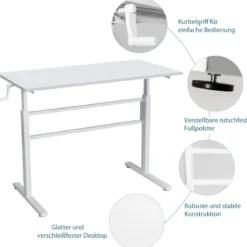 Schreibtisch Arbeitstisch mit Kurbel Computertisch höhenverstellbar 120 x 60 x 75-113 Weiß