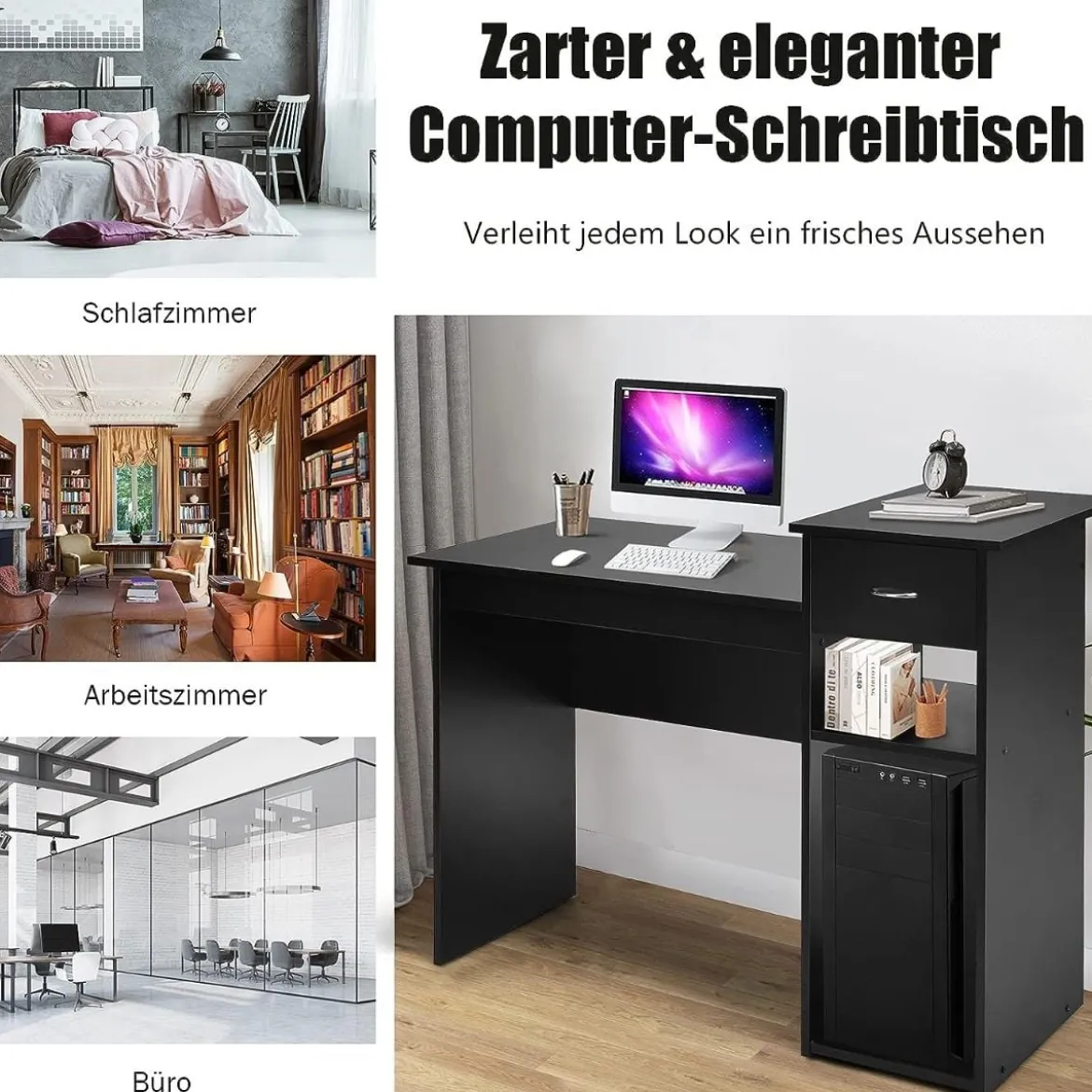 Schreibtisch aus Holz Computertisch mit Schublade & Regalen 104 x 50 x 82 cm Schwarz