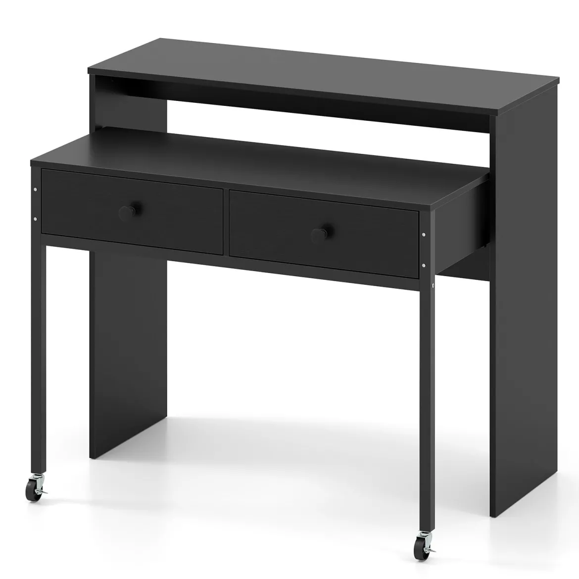 Schreibtisch ausziehbar kleiner Computertisch mit 2 Schubladen & Rollen 100 x 63 x 88 cm Schwarz