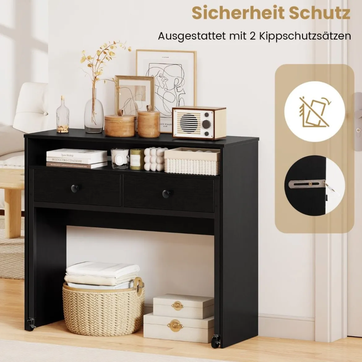 Schreibtisch ausziehbar kleiner Computertisch mit 2 Schubladen & Rollen 100 x 63 x 88 cm Schwarz