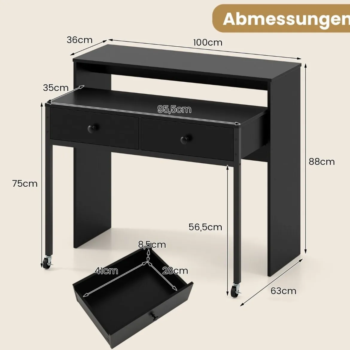 Schreibtisch ausziehbar kleiner Computertisch mit 2 Schubladen & Rollen 100 x 63 x 88 cm Schwarz