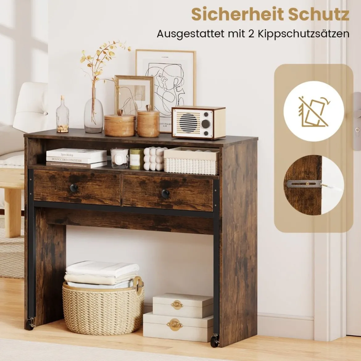 Schreibtisch ausziehbar kleiner Computertisch mit 2 Schubladen & Rollen 100 x 63 x 88 cm Braun
