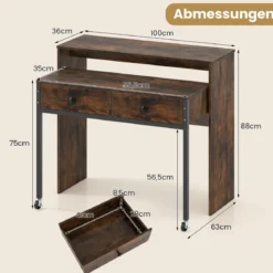 Schreibtisch ausziehbar kleiner Computertisch mit 2 Schubladen & Rollen 100 x 63 x 88 cm Braun