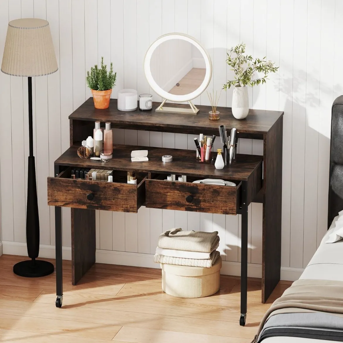 Schreibtisch ausziehbar kleiner Computertisch mit 2 Schubladen & Rollen 100 x 63 x 88 cm Braun
