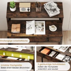 Schreibtisch ausziehbar kleiner Computertisch mit 2 Schubladen & Rollen 100 x 63 x 88 cm Braun