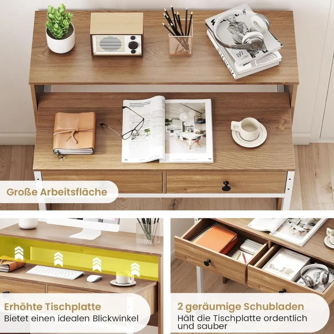 Schreibtisch ausziehbar kleiner Computertisch mit 2 Schubladen & Rollen 100 x 63 x 88 cm Natur