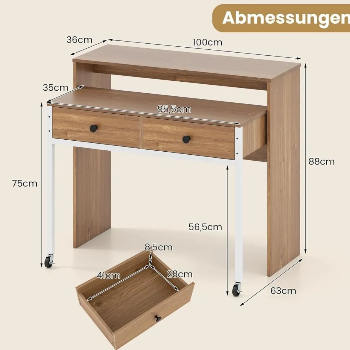 Schreibtisch ausziehbar kleiner Computertisch mit 2 Schubladen & Rollen 100 x 63 x 88 cm Natur
