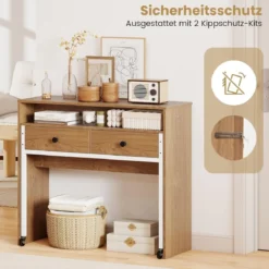 Schreibtisch ausziehbar kleiner Computertisch mit 2 Schubladen & Rollen 100 x 63 x 88 cm Natur