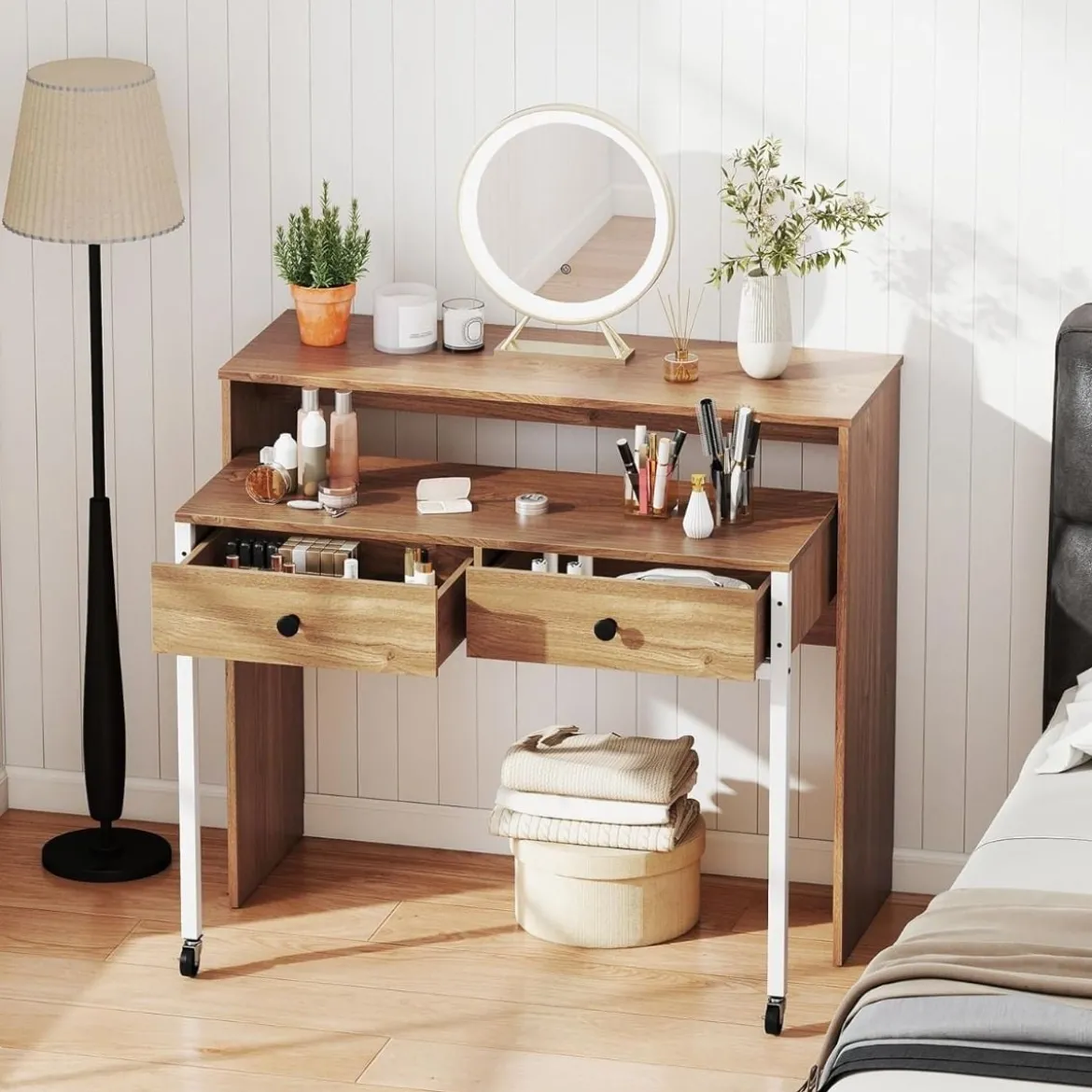 Schreibtisch ausziehbar kleiner Computertisch mit 2 Schubladen & Rollen 100 x 63 x 88 cm Natur