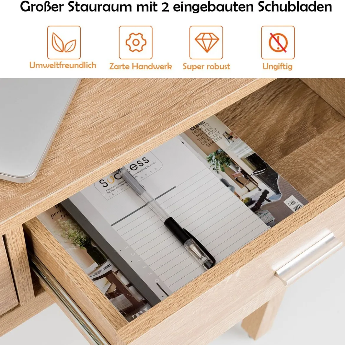 Schreibtisch Computertisch mit 2 Schubladen Bürotisch PC-Tisch Natur