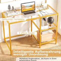 Schreibtisch Computertisch mit gehärtete Glasplatte Schutzglasständer Golden