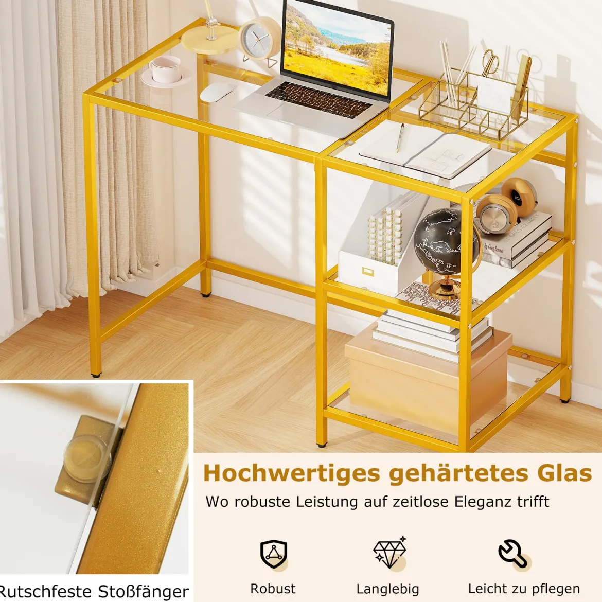 Schreibtisch Computertisch mit gehärtete Glasplatte Schutzglasständer Golden