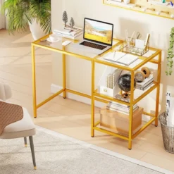 Schreibtisch Computertisch mit gehärtete Glasplatte Schutzglasständer Golden