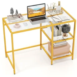 Schreibtisch Computertisch mit gehärtete Glasplatte Schutzglasständer Golden