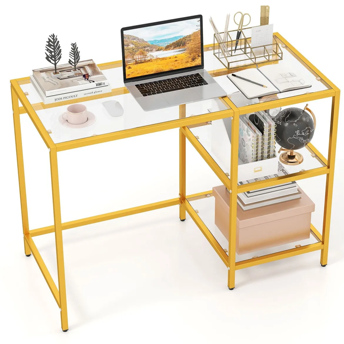 Schreibtisch Computertisch mit gehärtete Glasplatte Schutzglasständer Golden