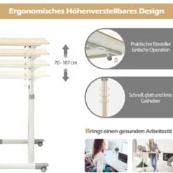 Schreibtisch Computertisch mit Rollen Rollentisch für Büro 95 x 52 x 70 - 107 cm Natur