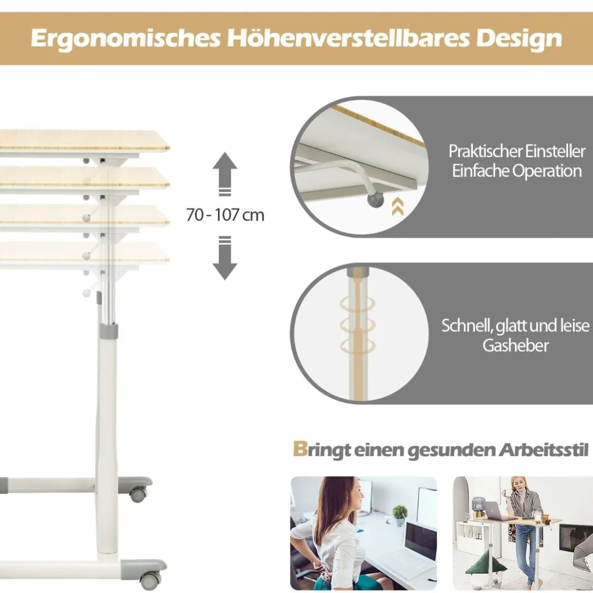 Schreibtisch Computertisch mit Rollen Rollentisch für Büro 95 x 52 x 70 - 107 cm Natur