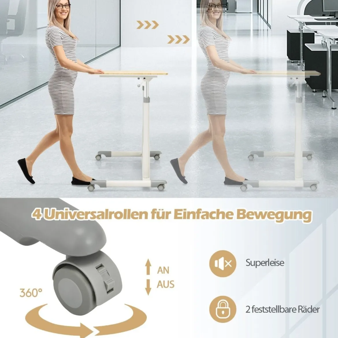 Schreibtisch Computertisch mit Rollen Rollentisch für Büro 95 x 52 x 70 - 107 cm Natur