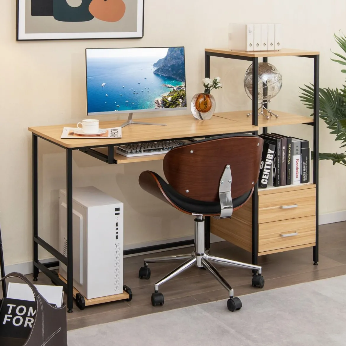 Schreibtisch H-Förmiger Computertisch mit Stauraum140 x 50 x 110 cm Natur