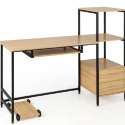 Schreibtisch H-Förmiger Computertisch mit Stauraum140 x 50 x 110 cm Natur