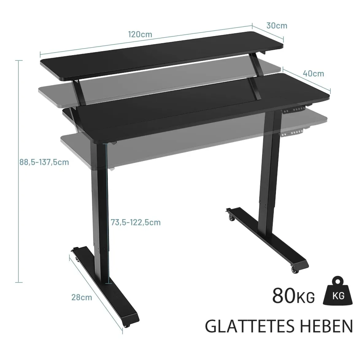 Schreibtisch höhenverstellbar Computertisch auf Rollen Arbeittisch 120 x 68 x 88,5-137,5 cmSchwarz