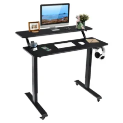 Schreibtisch höhenverstellbar Computertisch auf Rollen Arbeittisch 120 x 68 x 88,5-137,5 cmSchwarz