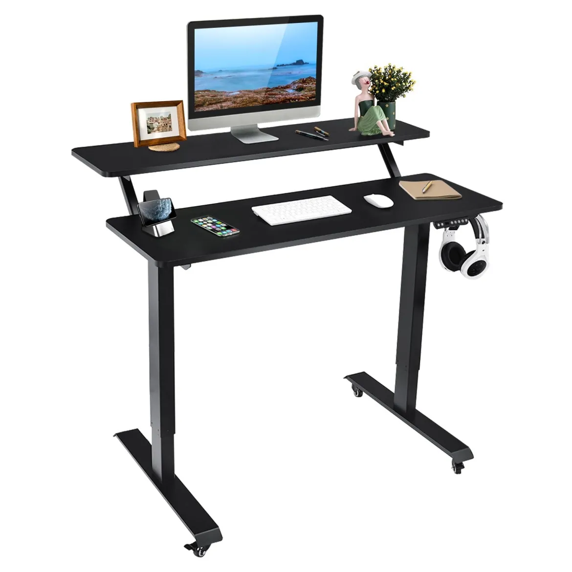 Schreibtisch höhenverstellbar Computertisch auf Rollen Arbeittisch 120 x 68 x 88,5-137,5 cmSchwarz