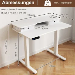 Schreibtisch höhenverstellbar elektrischer Computertisch Stehschreibtisch mit Monitorständer 100 x 60 cm Braun/Weiß